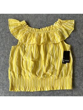 New NWT A.n.a Top Womens Large Yellow Maize Striped Convertible Blouse Shirt